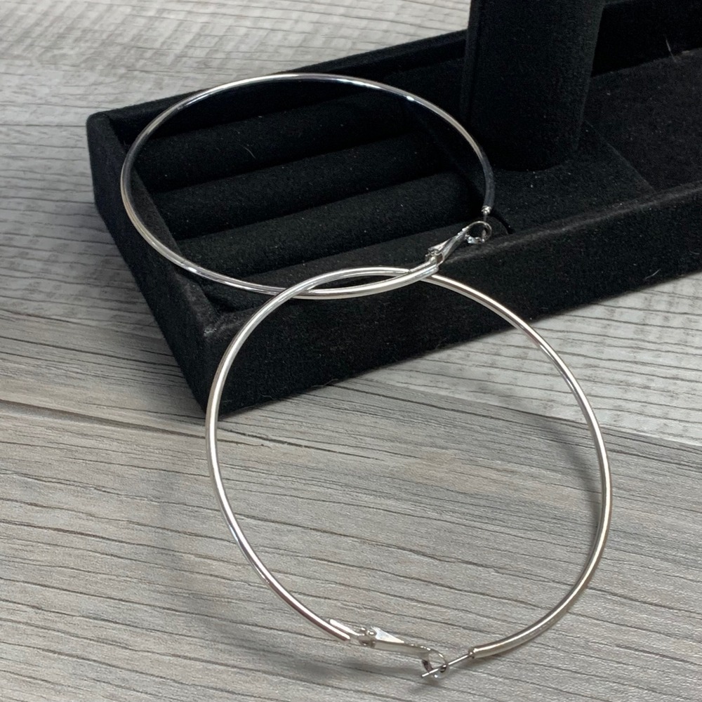 Large Silver Tone Hoop Earrings 3 Inch Oversized Thin Round Fashion Jewelry